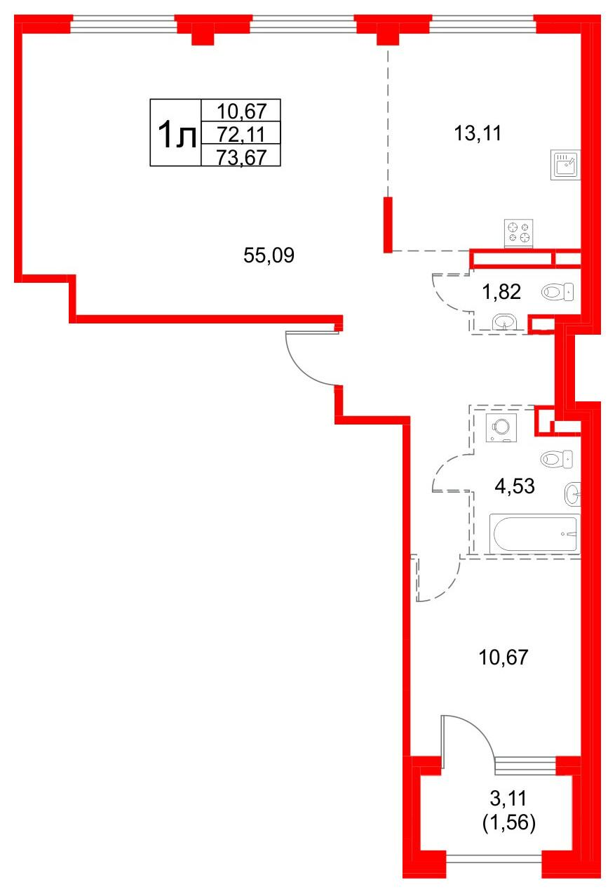1-комнатная 73 м2 в ЖК Кронфорт. Центральный корпус null этаж 4