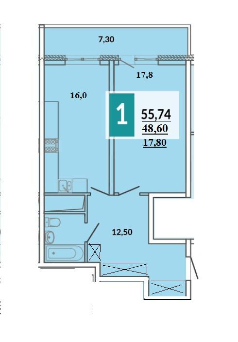 1-комнатная 48.6 м2 в ЖК undefined корпус null этаж 22
