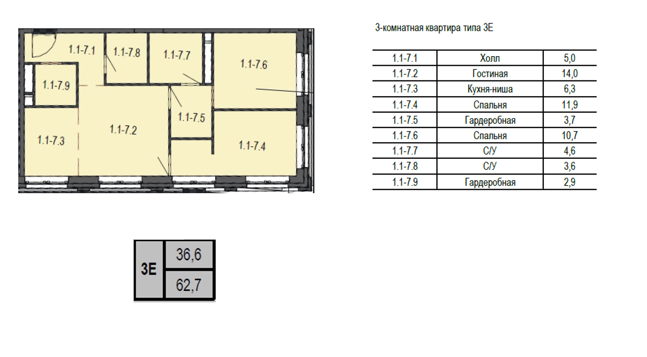 3-комнатная 62.7 м2 в ЖК undefined корпус null этаж 30