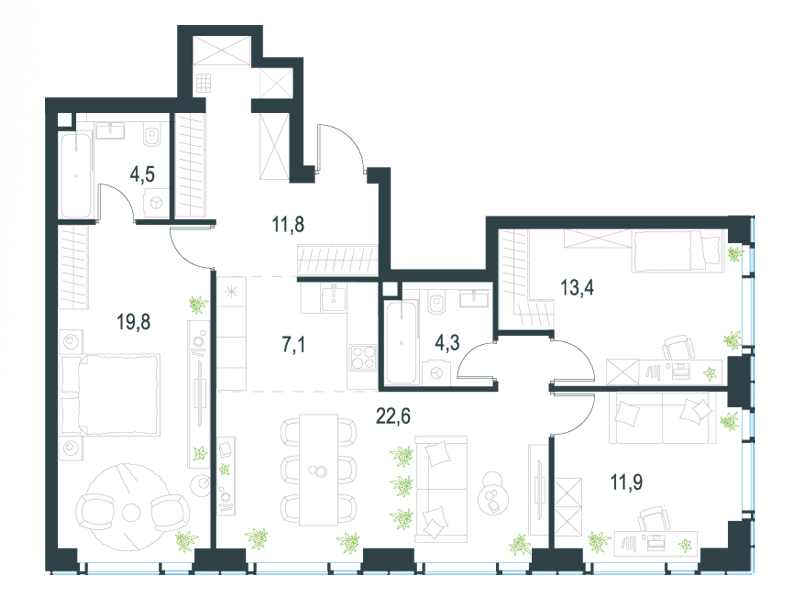 4-комнатная 96 м2 в ЖК Level Мичуринский корпус null этаж 18