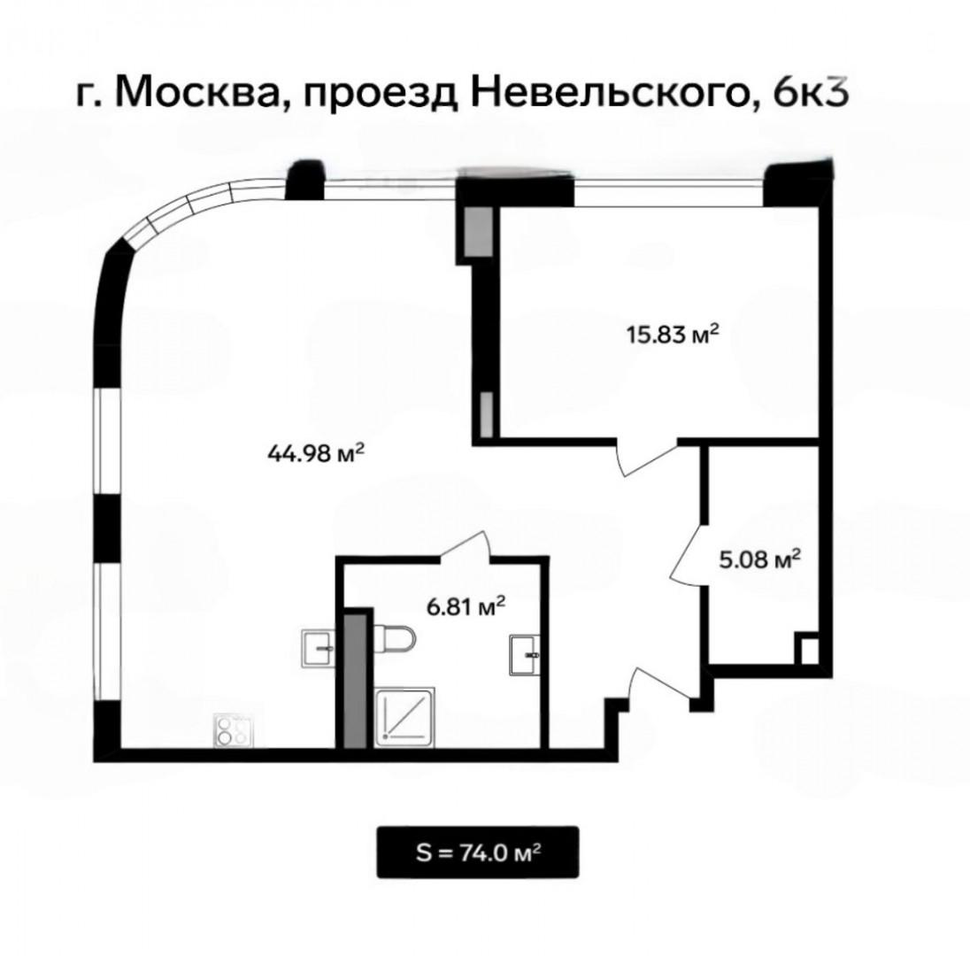 2-комнатная 74 м2 в ЖК undefined корпус null этаж 6
