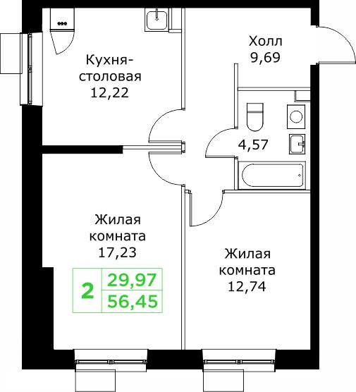 2-комнатная 56 м2 в ЖК Кит корпус null этаж 24