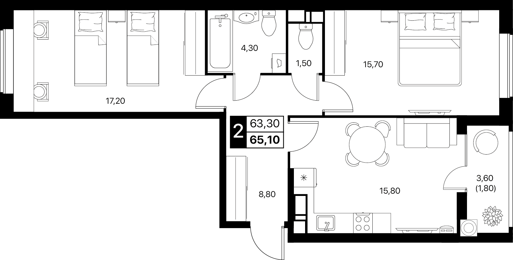2-комнатная 65 м2 в ЖК Эстет корпус null этаж 11