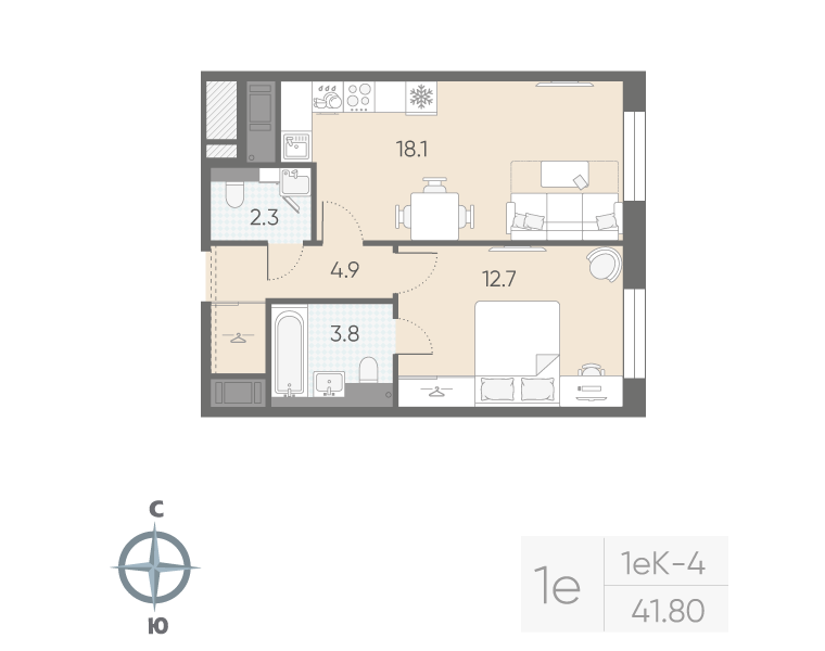 1-комнатная 41 м2 в ЖК Большая Охта корпус null этаж 7