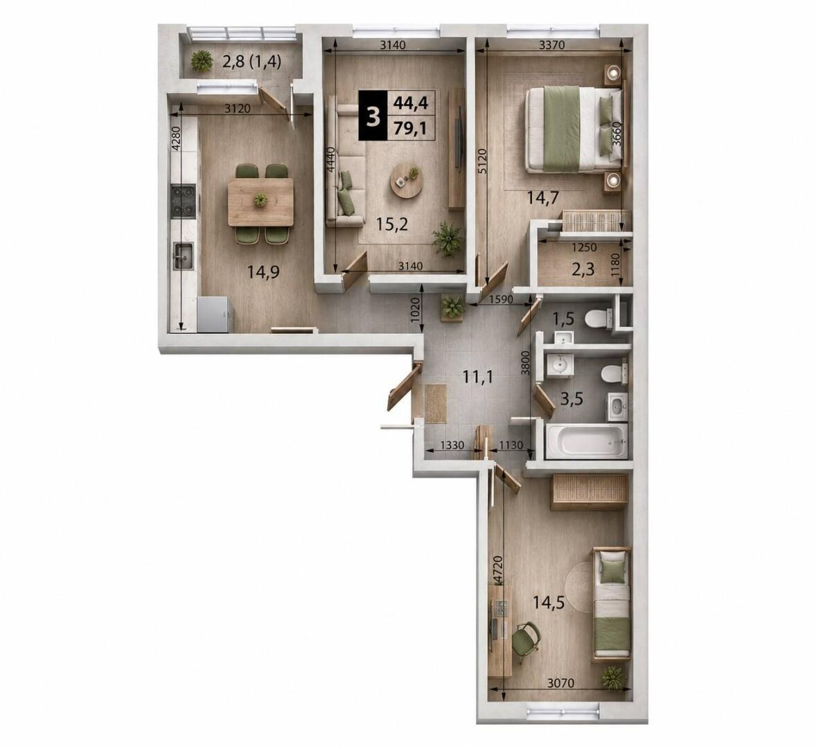 3-комнатная 79.1 м2 в ЖК undefined корпус null этаж 2