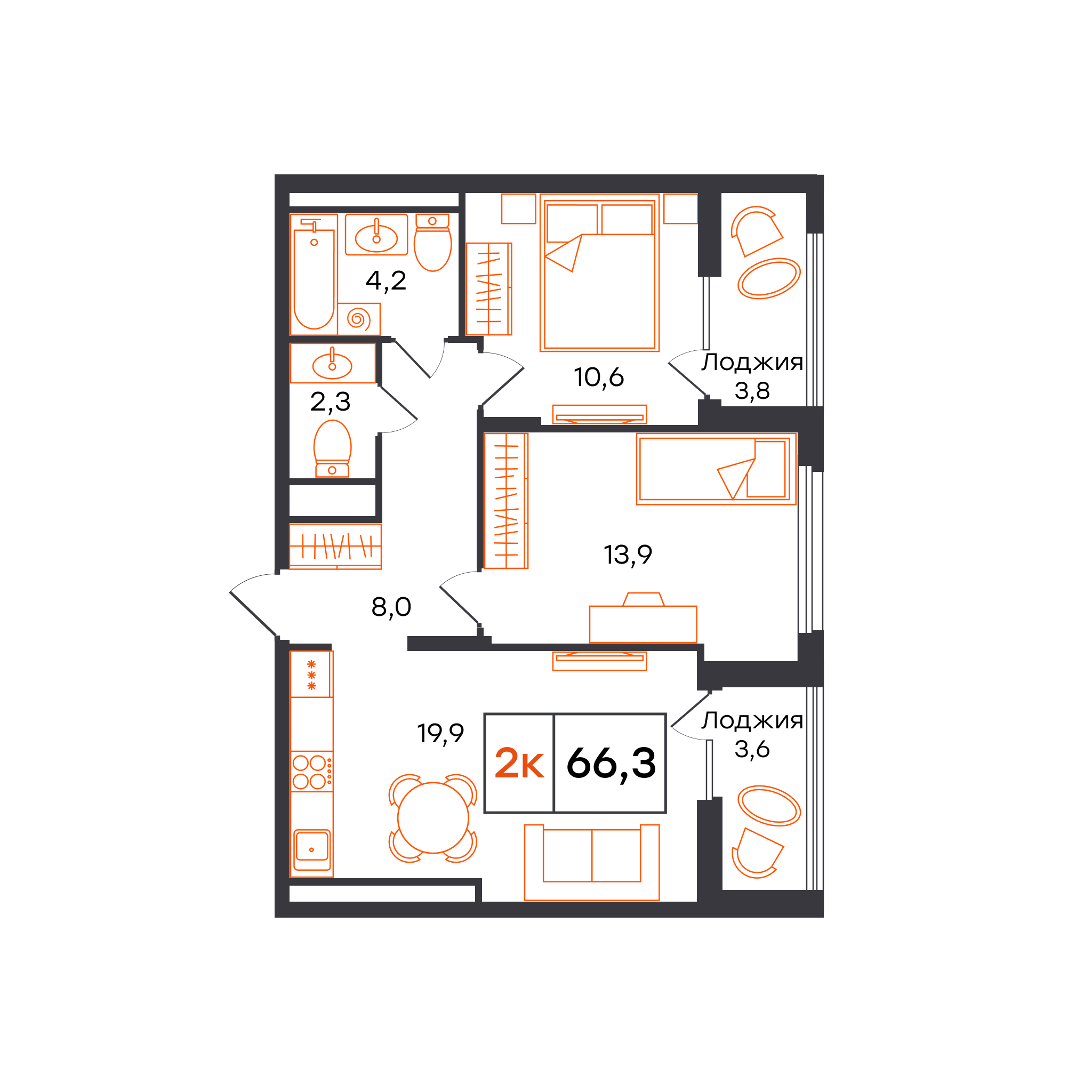 2-комнатная 66 м2 в ЖК Александровский корпус null этаж 10