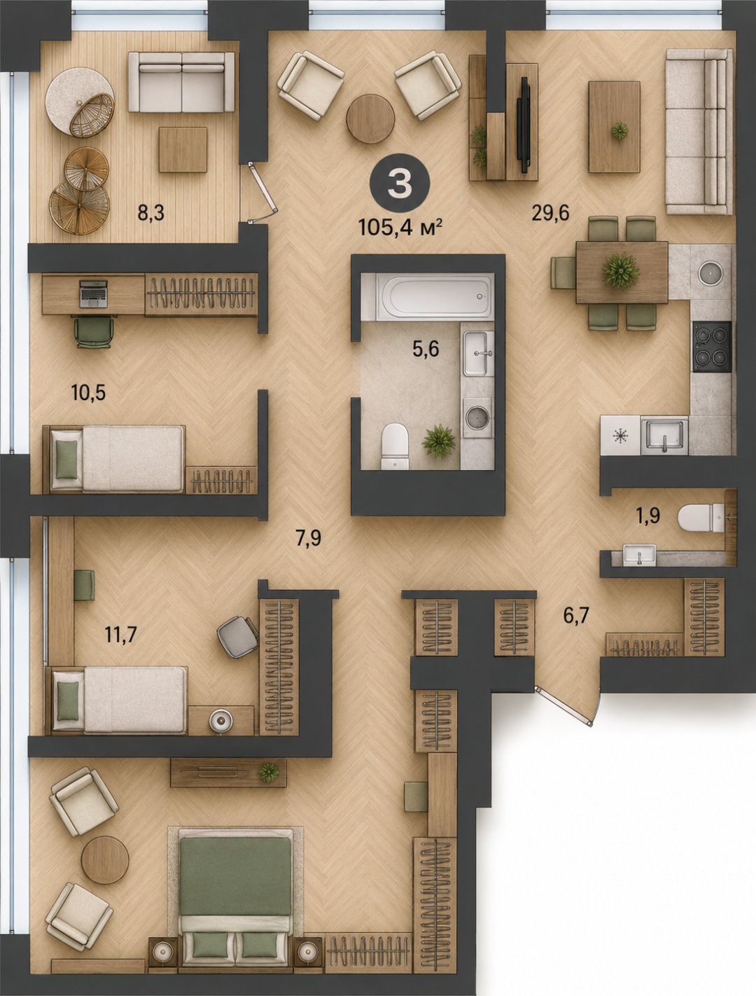 3-комнатная 105.4 м2 в ЖК undefined корпус null этаж 28