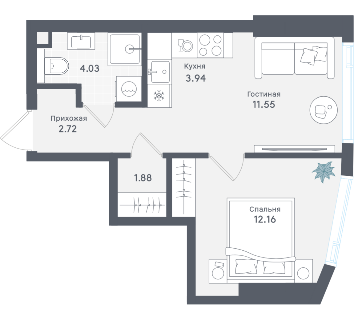 1-комнатная 36 м2 в ЖК Solos корпус null этаж 14
