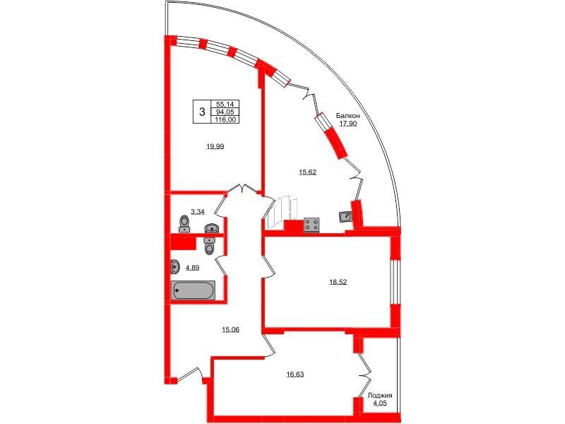 3-комнатная 116 м2 в ЖК Русь корпус null этаж 3
