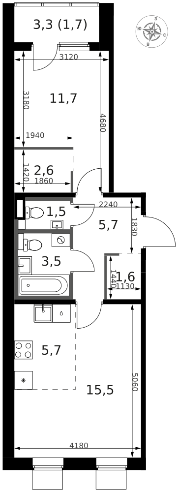 2-комнатная 50 м2 в ЖК 1-й Ясеневский корпус null этаж 15