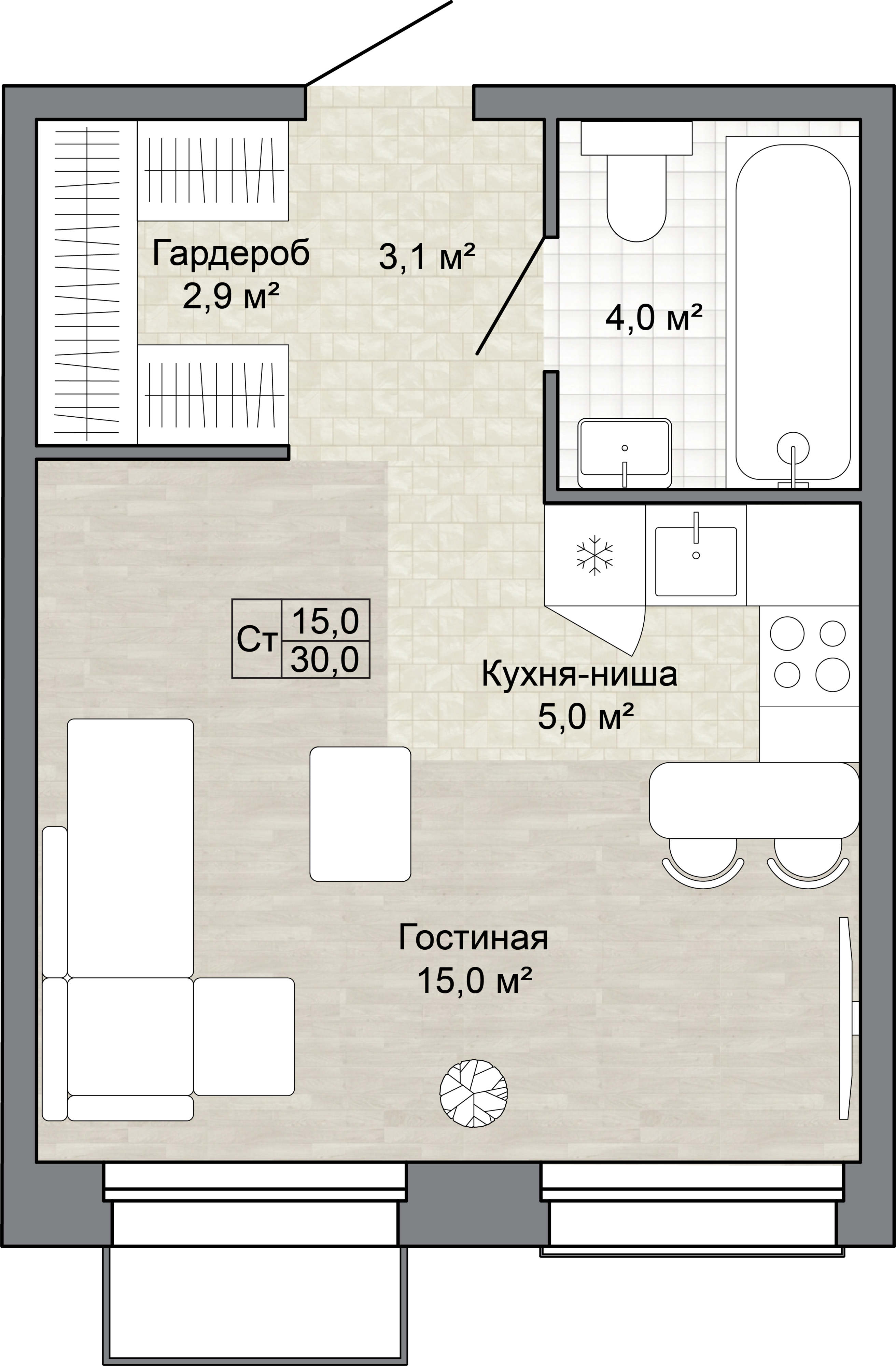 Студия 30 м2 в ЖК Яблоневый Сад корпус null этаж 5