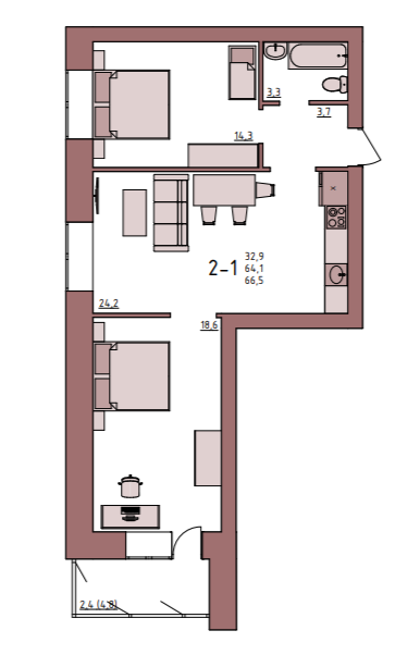 2-комнатная 66.5 м2 в ЖК undefined корпус null этаж 7