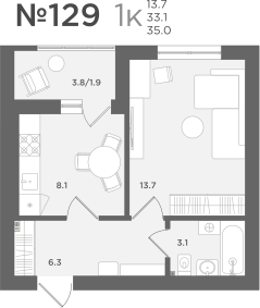 1-комнатная 33 м2 в ЖК МС18 корпус null этаж 5