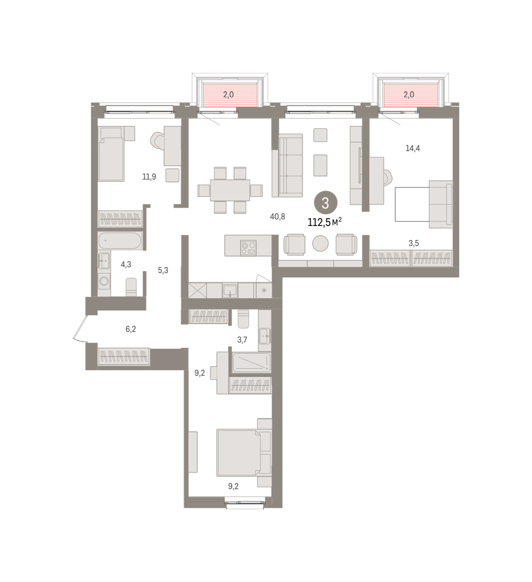 3-комнатная 113 м2 в ЖК Европейский берег корпус null этаж 3