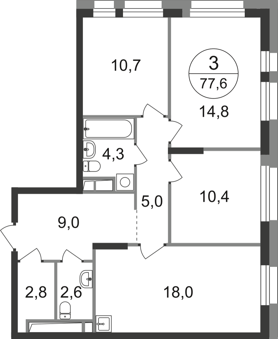 3-комнатная 77 м2 в ЖК Первый Московский корпус null этаж 11