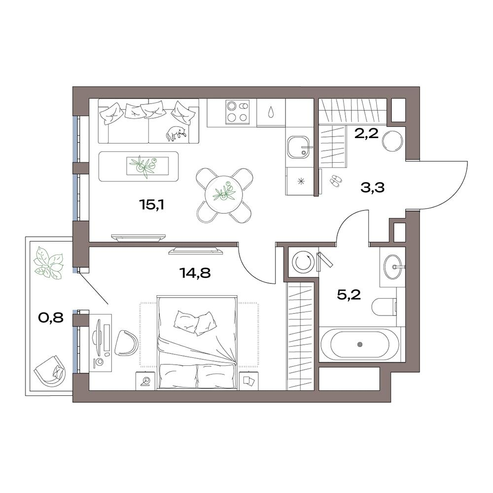 2-комнатная 41 м2 в ЖК Акценты корпус null этаж 4
