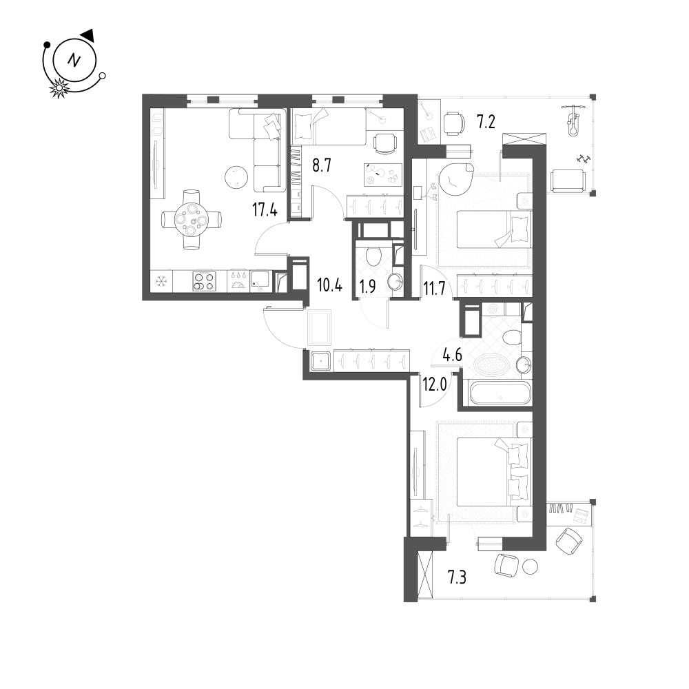 3-комнатная 70 м2 в ЖК Монография корпус null этаж 5