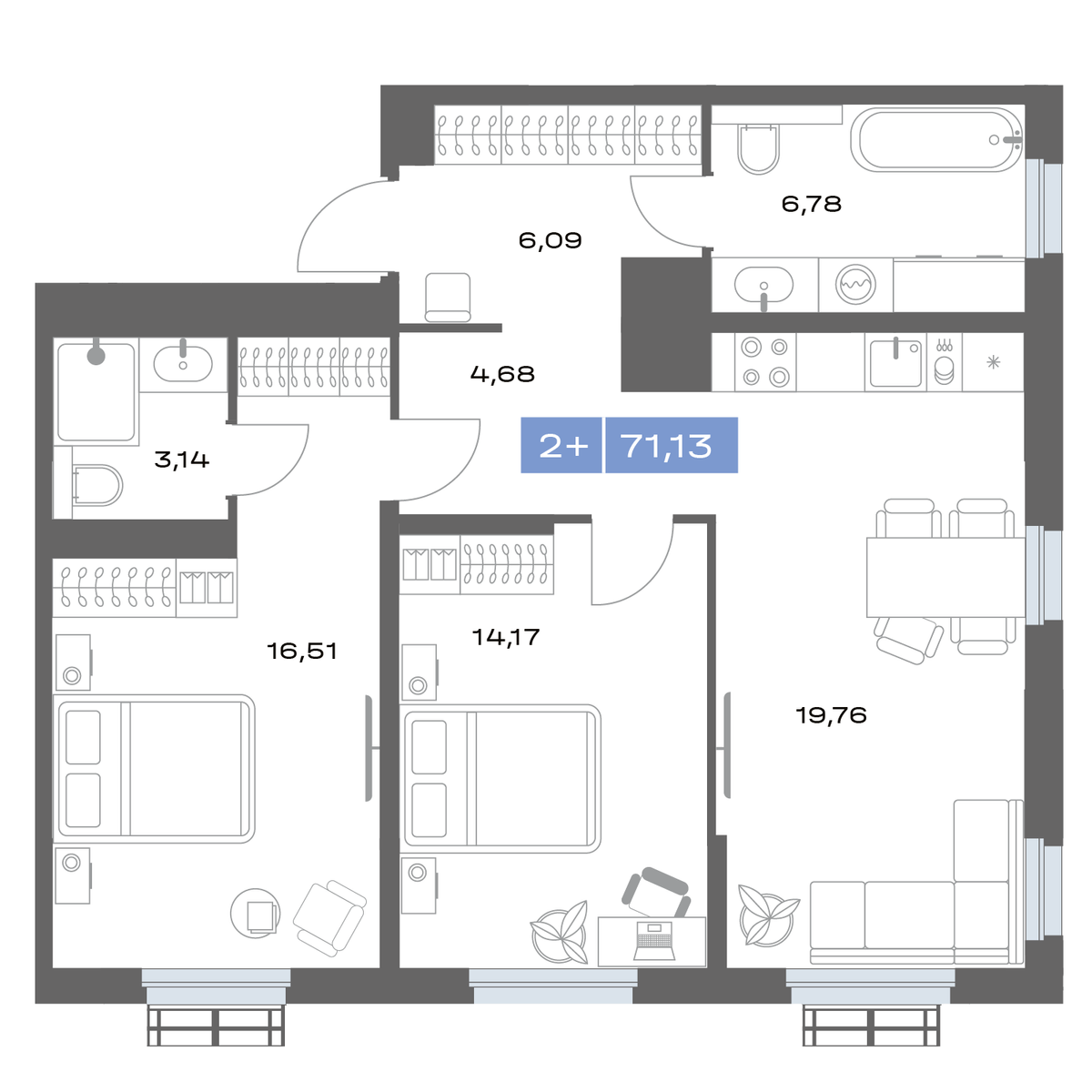 2-комнатная 71 м2 в ЖК Толк Медный корпус null этаж 19