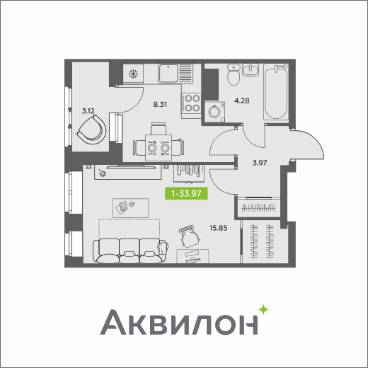 1-комнатная 33 м2 в ЖК Аквилон АКВАРТАЛ корпус null этаж 10