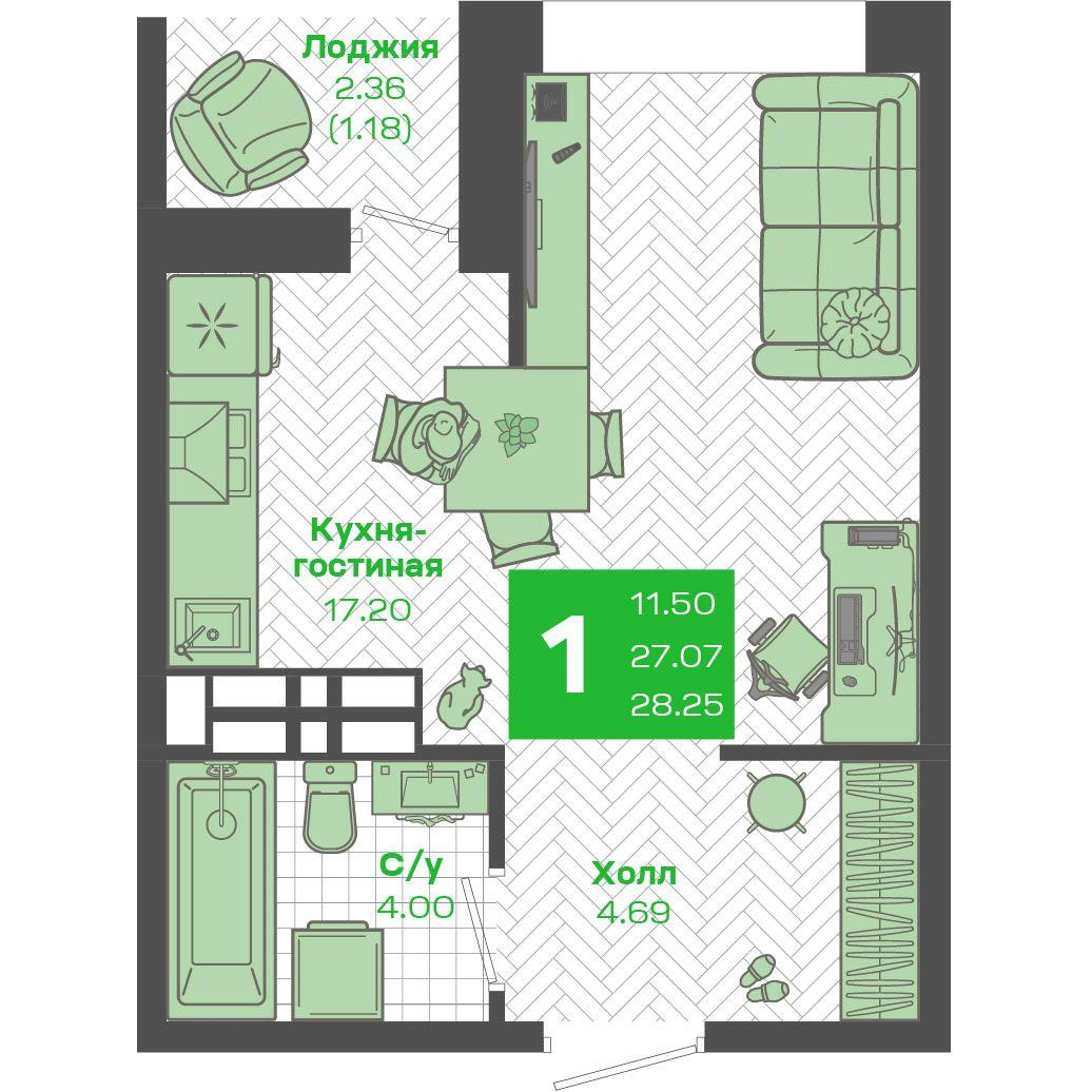 Студия 27 м2 в ЖК Зелёный Бульвар 2 корпус null этаж 24