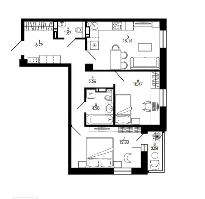 2-комнатная 60.6 м2 в ЖК undefined корпус null этаж 12
