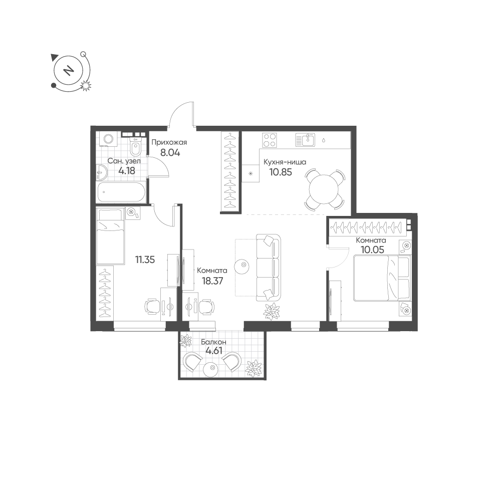 3-комнатная 64 м2 в ЖК Балтым-Парк корпус null этаж 2