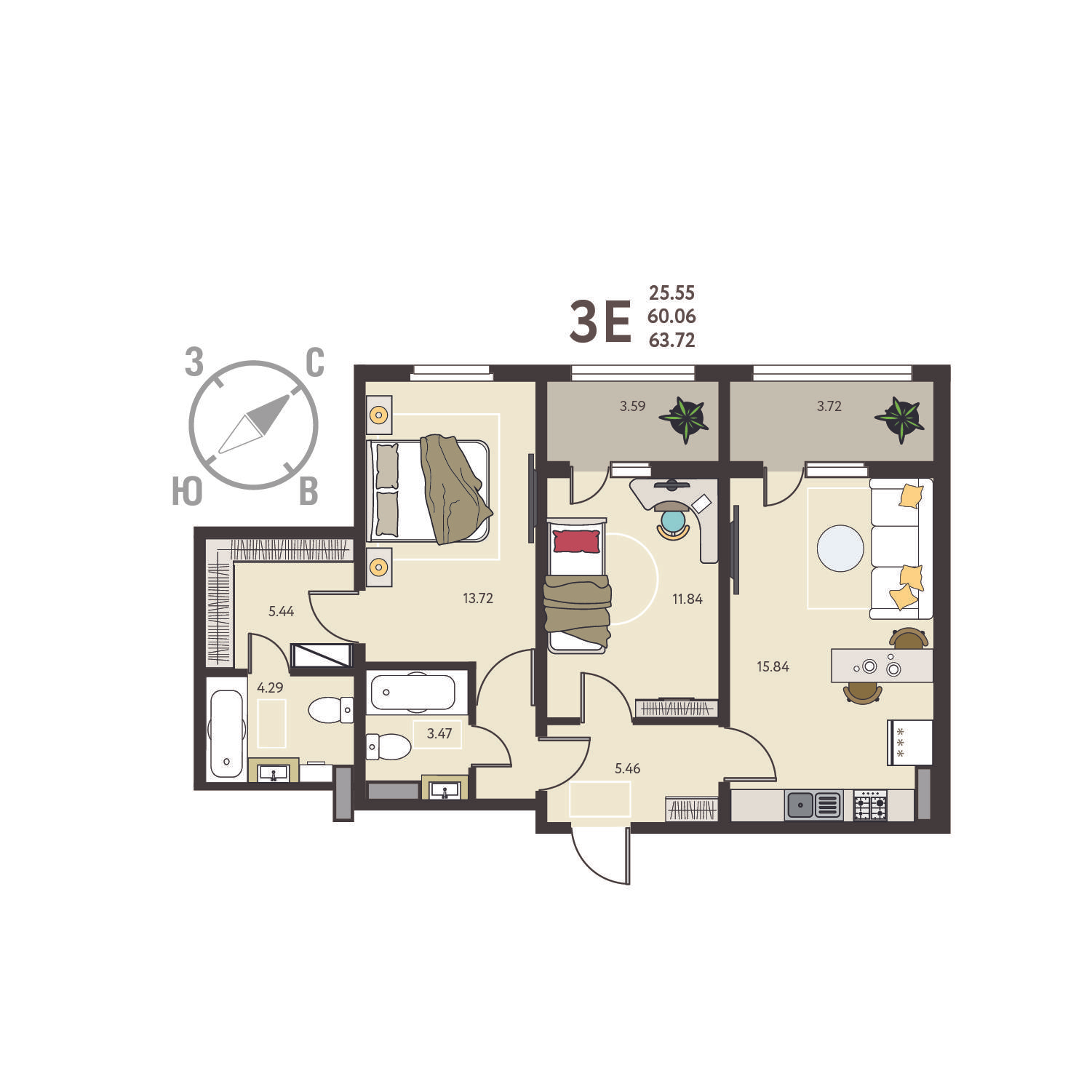 2-комнатная 63 м2 в ЖК Инстеп.Сити корпус null этаж 15