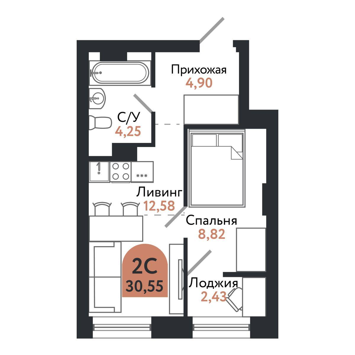 2-комнатная 30 м2 в ЖК Квартал 1604 корпус null этаж 7