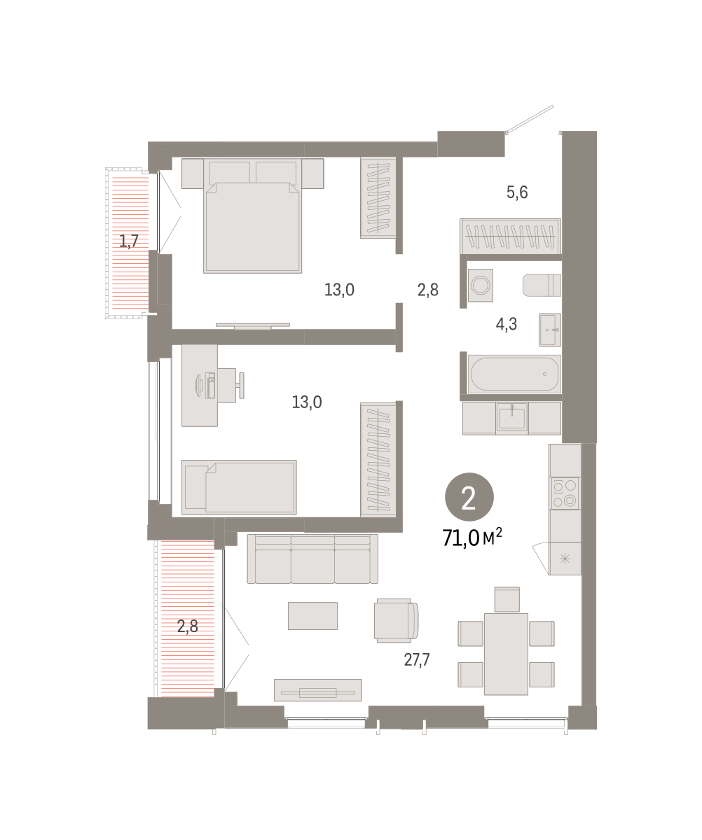 2-комнатная 70 м2 в ЖК Европейский берег корпус null этаж 12