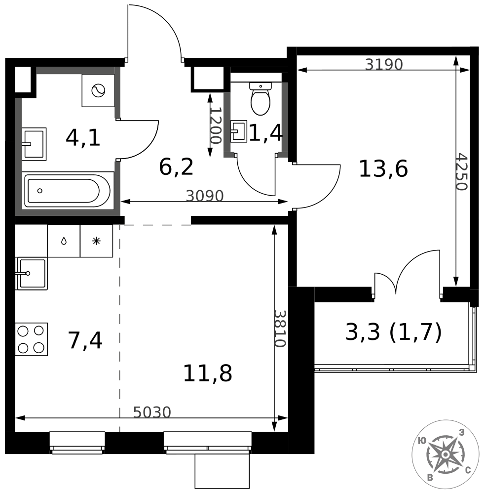 2-комнатная 46 м2 в ЖК 1-й Южный корпус null этаж 14