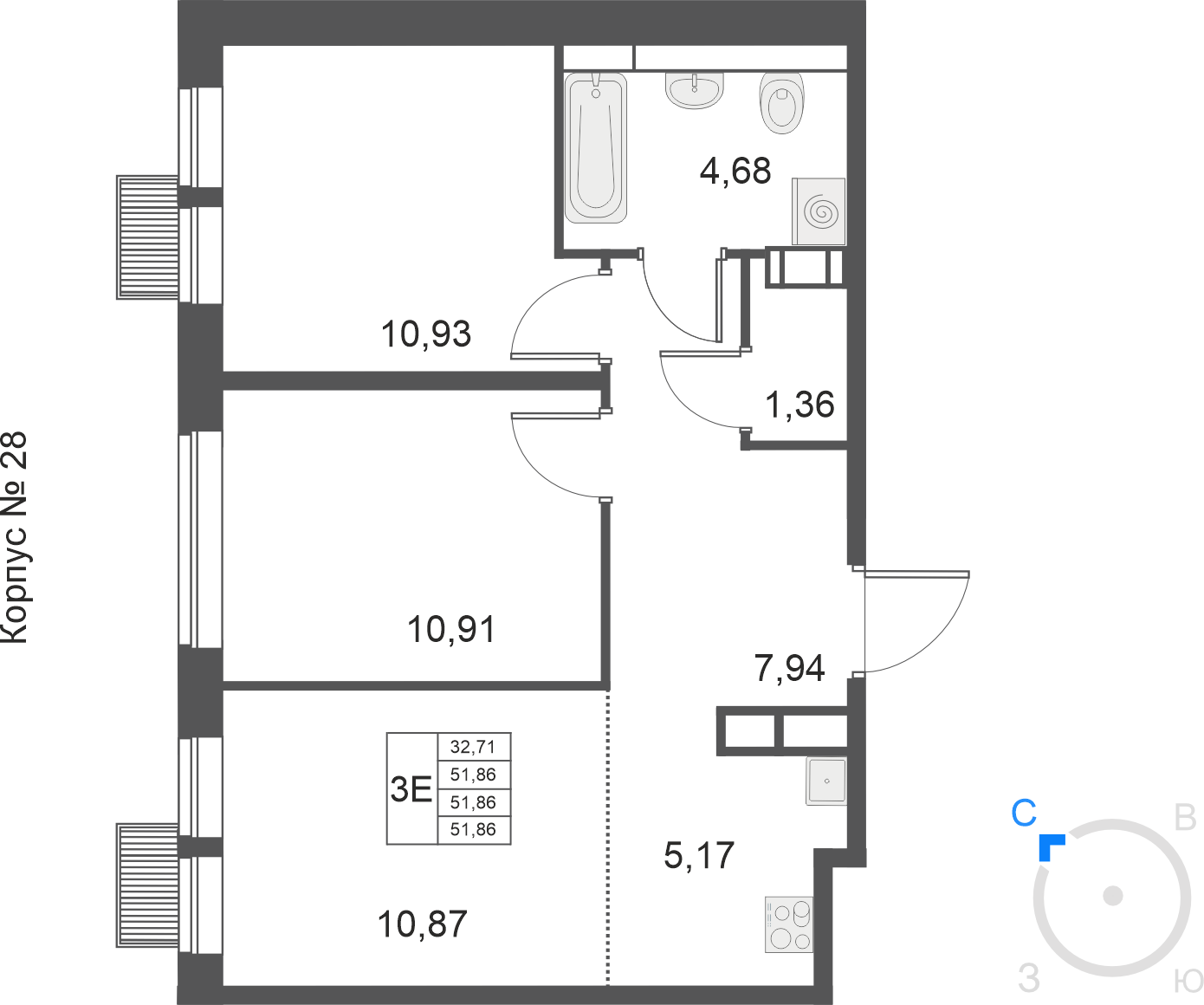 3-комнатная 51 м2 в ЖК Большое Путилково (УРАЛСИБ) корпус null этаж 17