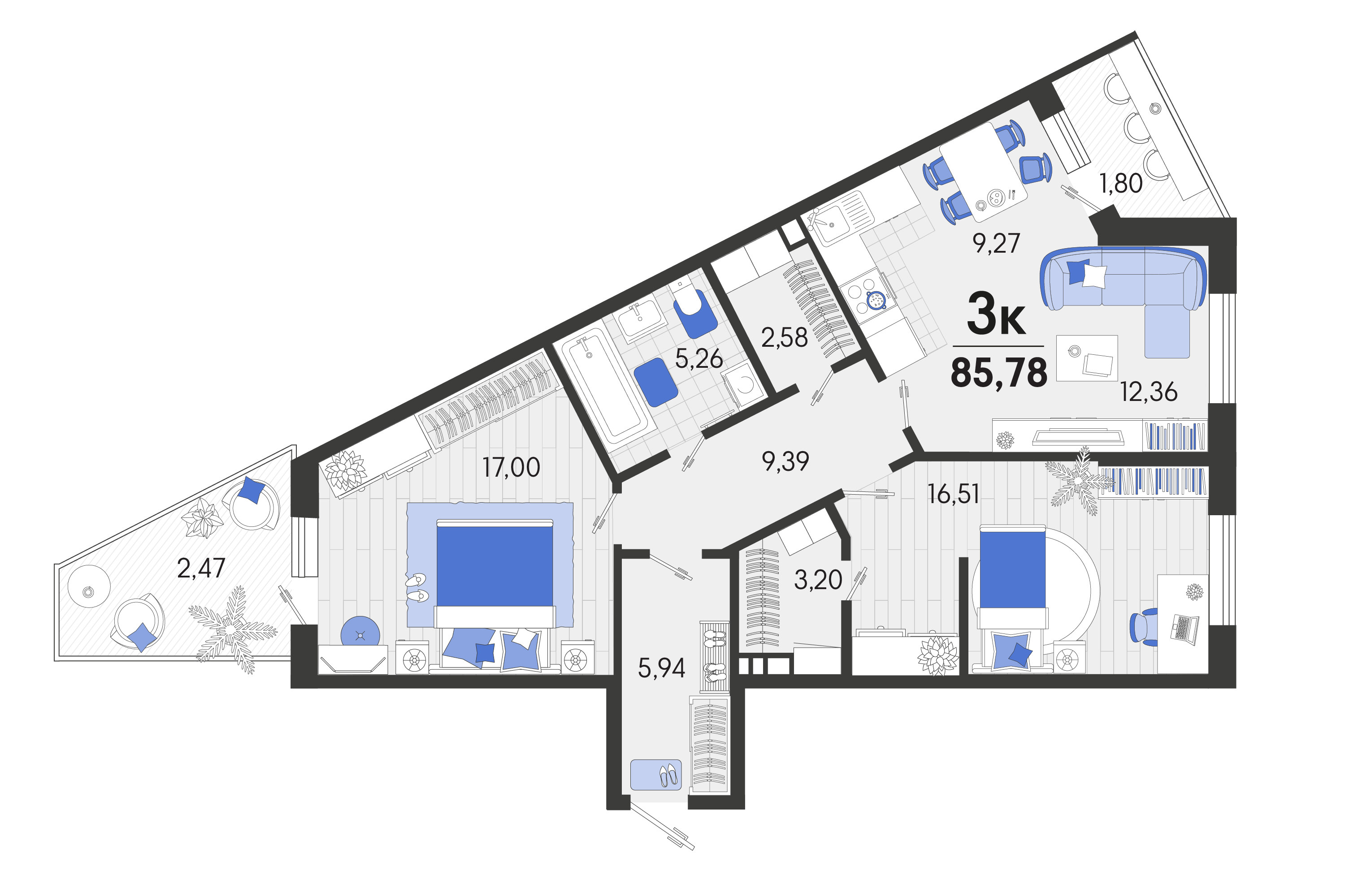 3-комнатная 85 м2 в ЖК Белые росы корпус null этаж 1