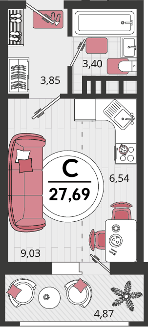 1-комнатная 27 м2 в ЖК Родные просторы корпус null этаж 6