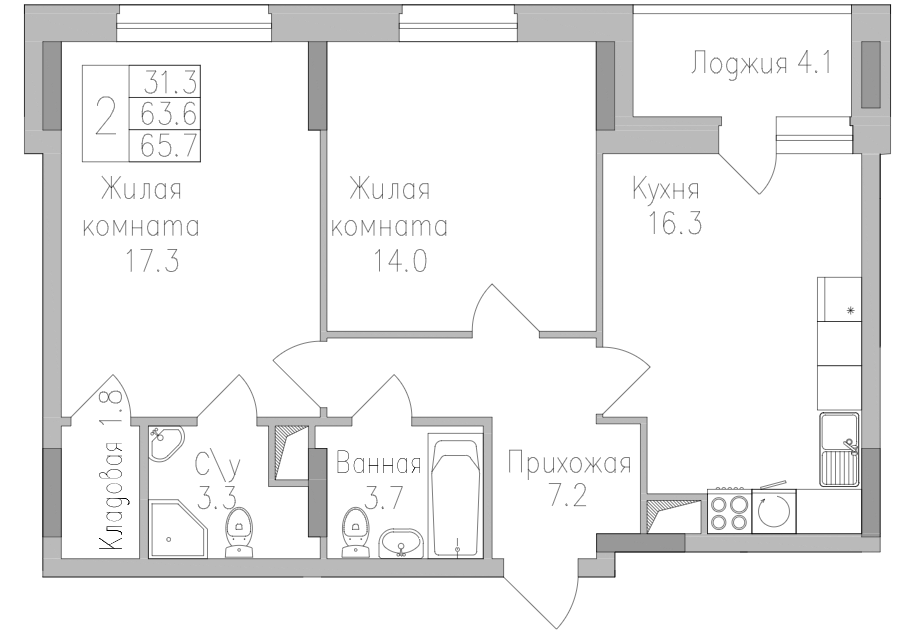 2-комнатная 65.7 м2 в ЖК undefined корпус null этаж 14