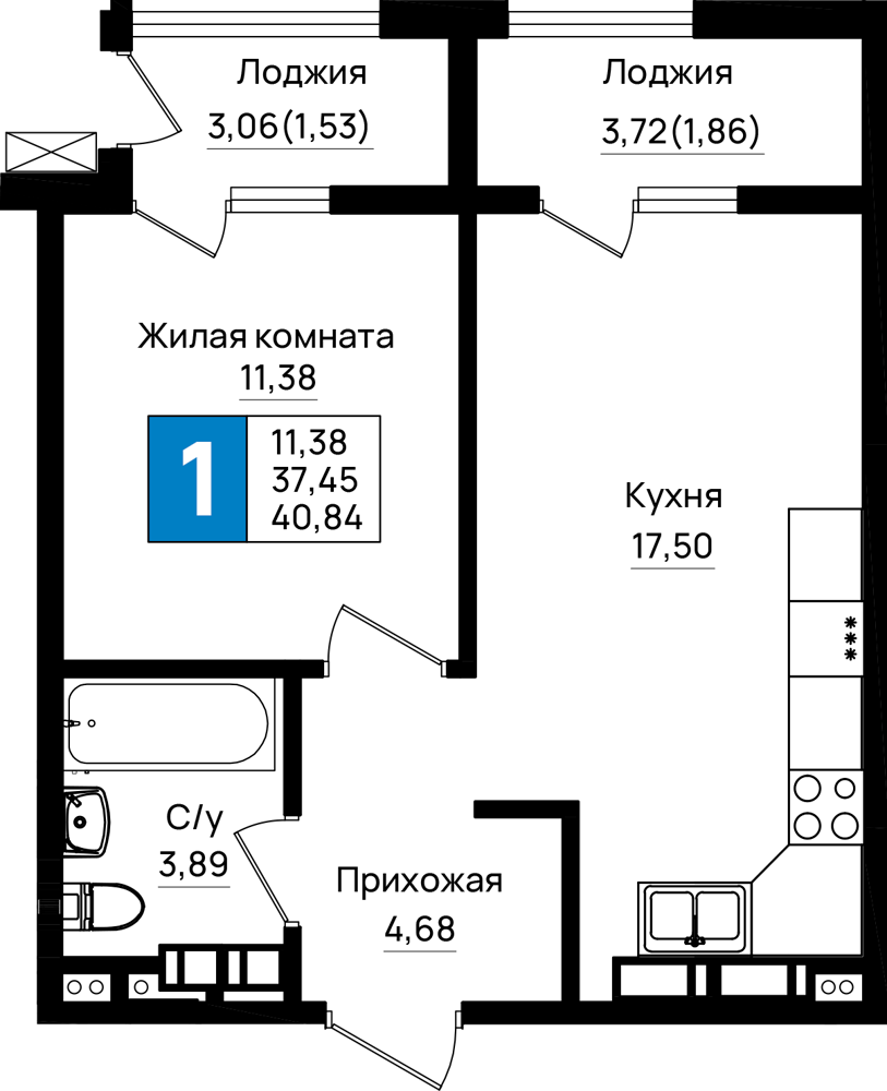 1-комнатная 40 м2 в ЖК Резиденция морей корпус null этаж 11