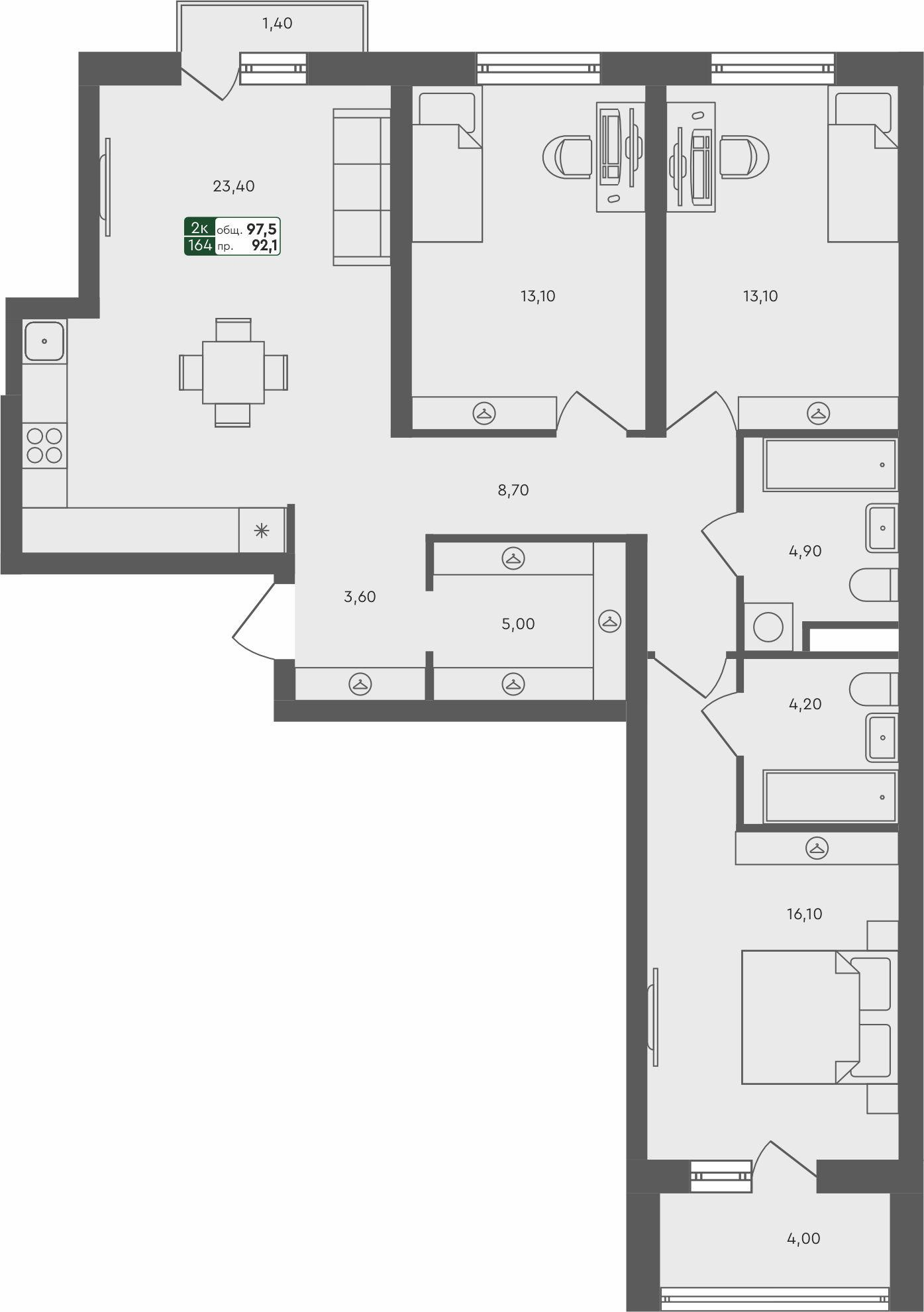 3-комнатная 97 м2 в ЖК Ритмы корпус null этаж 3