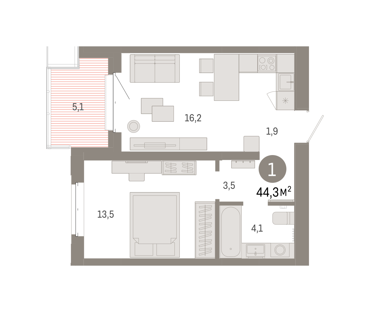 1-комнатная 44 м2 в ЖК Кварталы «На Минской» корпус null этаж 5