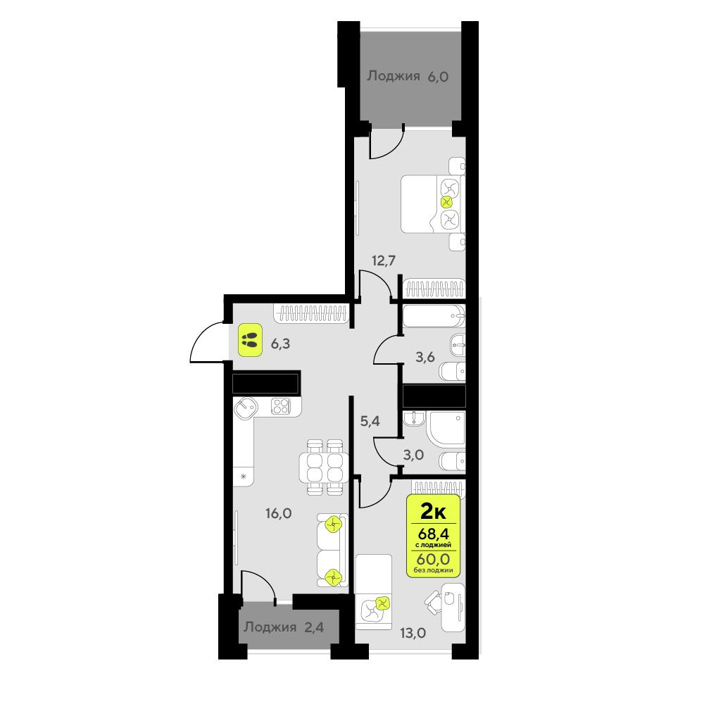 2-комнатная 68 м2 в ЖК Мотивы корпус null этаж 5