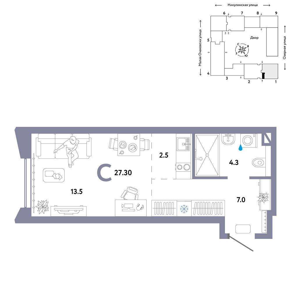 1-комнатная 27 м2 в ЖК Страна.Озёрная корпус null этаж 15