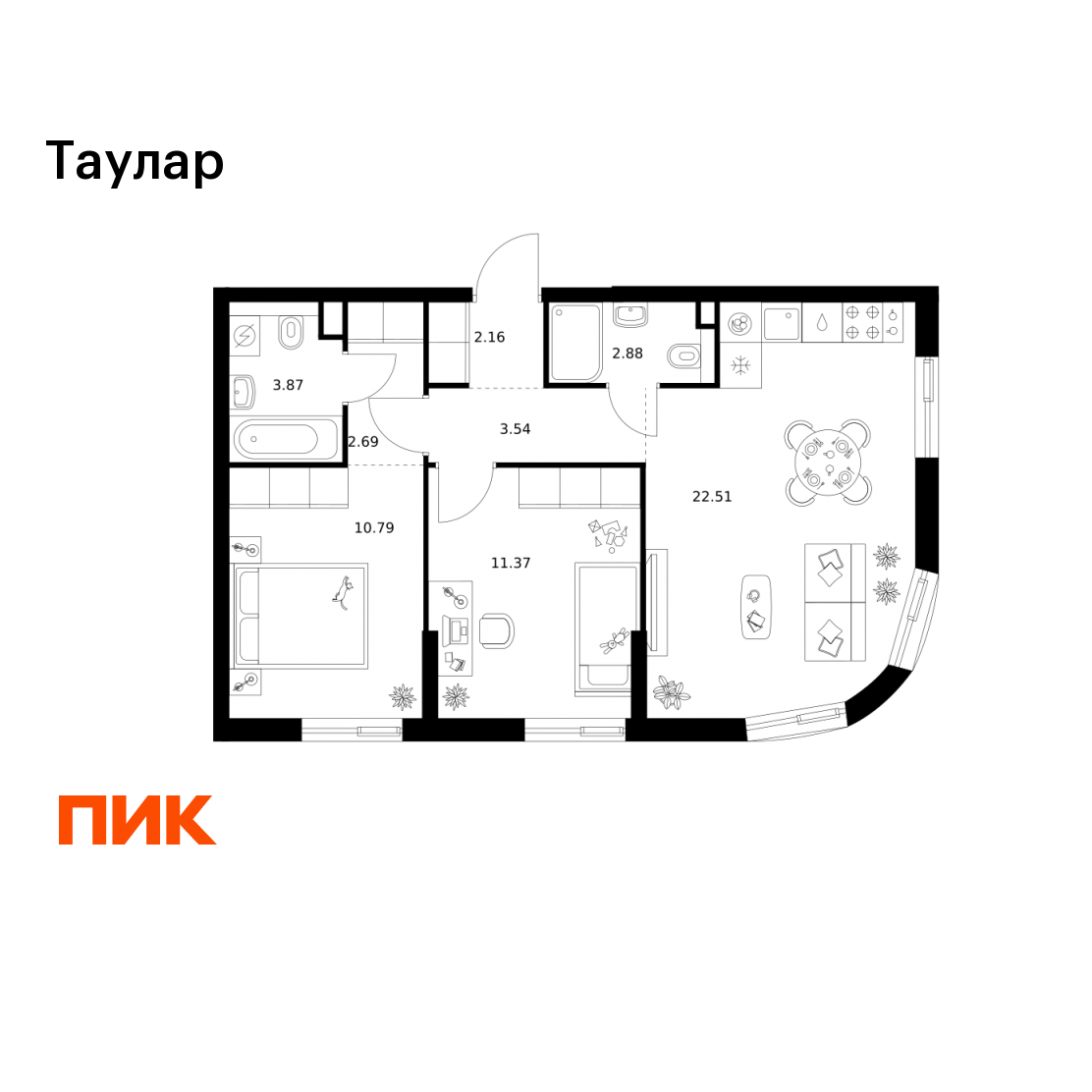 2-комнатная 59 м2 в ЖК Таулар корпус null этаж 6