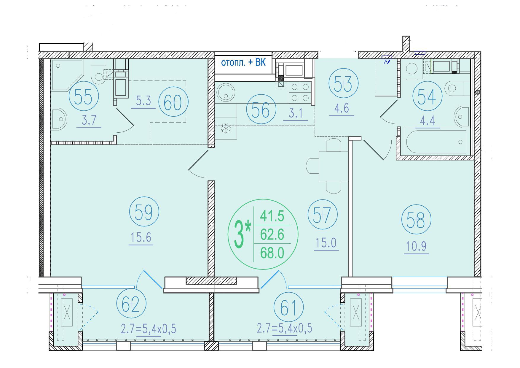 3-комнатная 68 м2 в ЖК Состояние корпус null этаж 13