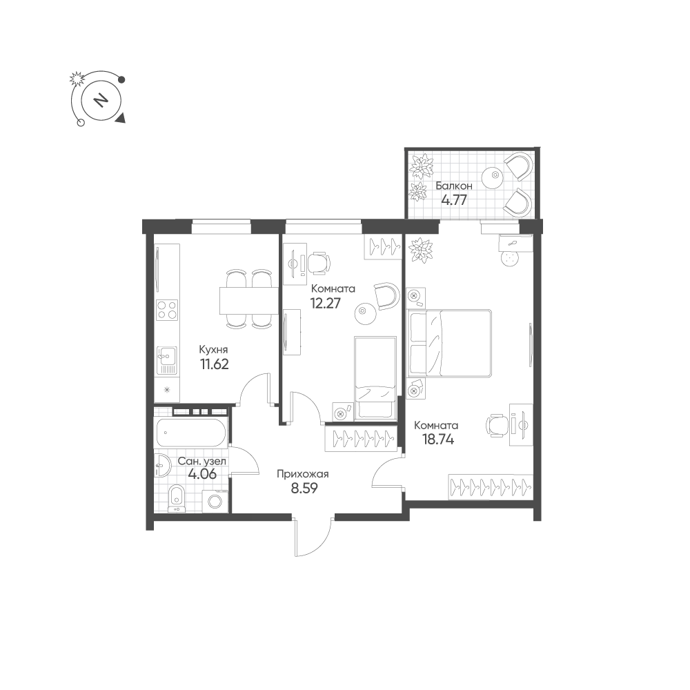 2-комнатная 56 м2 в ЖК Балтым-Парк корпус null этаж 2