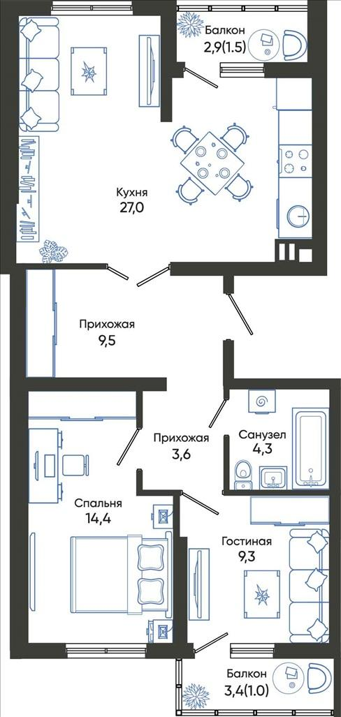 2-комнатная 70 м2 в ЖК Облака корпус null этаж 2