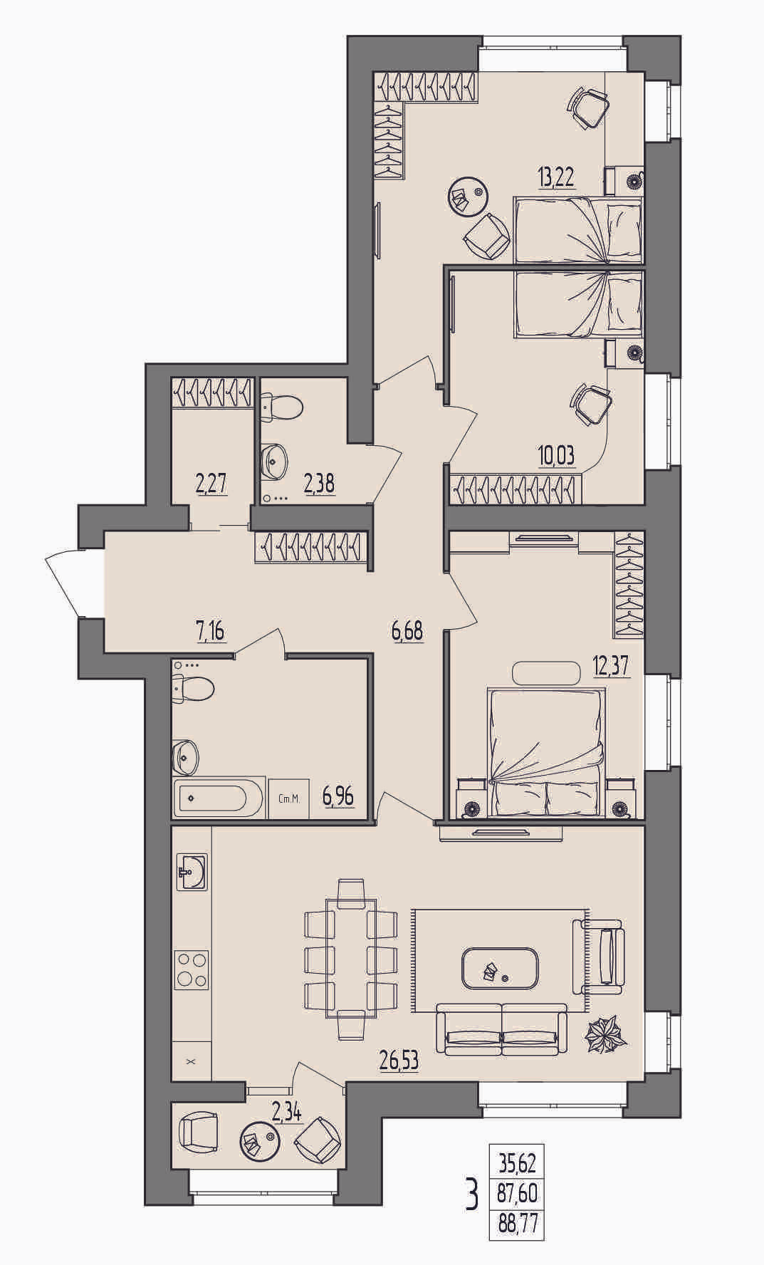3-комнатная 88 м2 в ЖК Герои поколений корпус null этаж 3