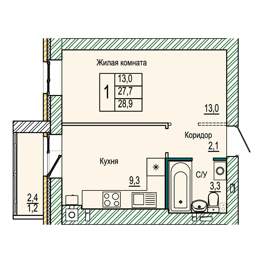 1-комнатная 28 м2 в ЖК Колизей корпус null этаж 1