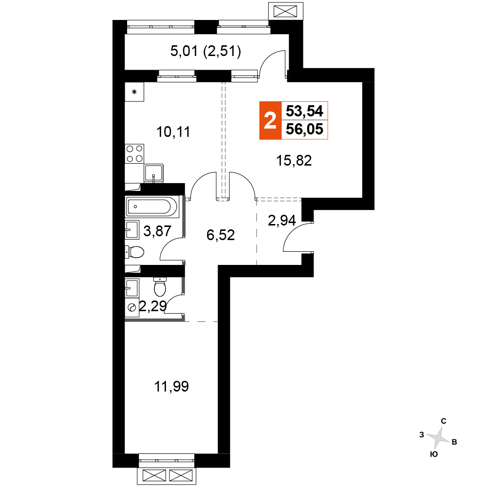 2-комнатная 56 м2 в ЖК Жаворонки Клаб корпус null этаж 3