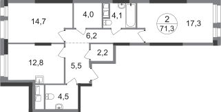 2-комнатная 71 м2 в ЖК Первый Московский корпус null этаж 2