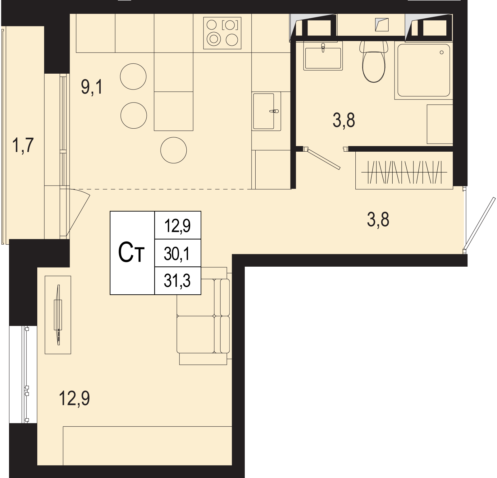 1-комнатная 30 м2 в ЖК Новая Щербинка корпус null этаж 2
