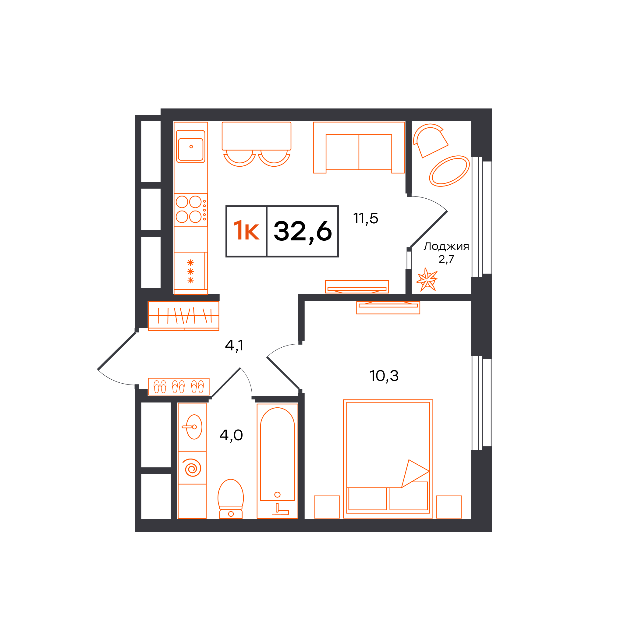 1-комнатная 32 м2 в ЖК Отличие корпус null этаж 7