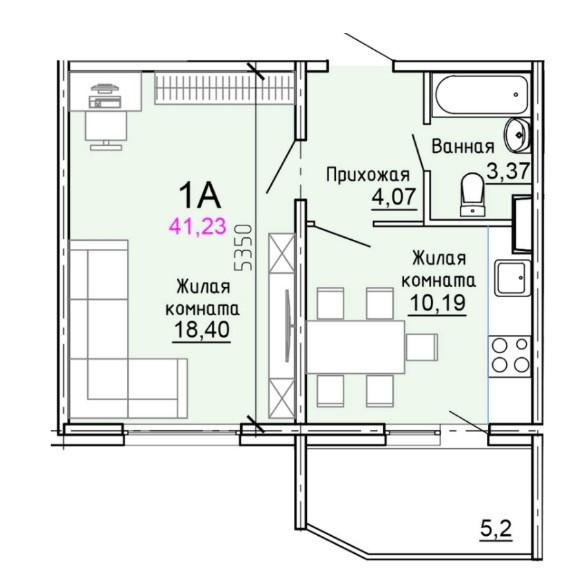 1-комнатная 41.2 м2 в ЖК undefined корпус null этаж 6